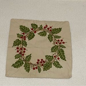 Pottery Barn embroidered Christmas wreath pillow cover 19” x 19”